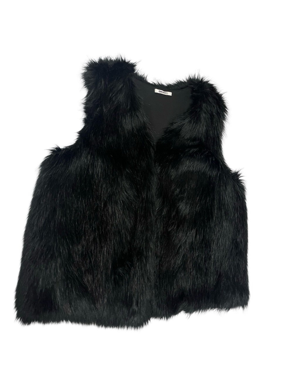 Vtg DKNYC DKNY Black Faux Fur Vest Gilet Sz 2XL Y2K Mob Wife Goth Festival Vegan